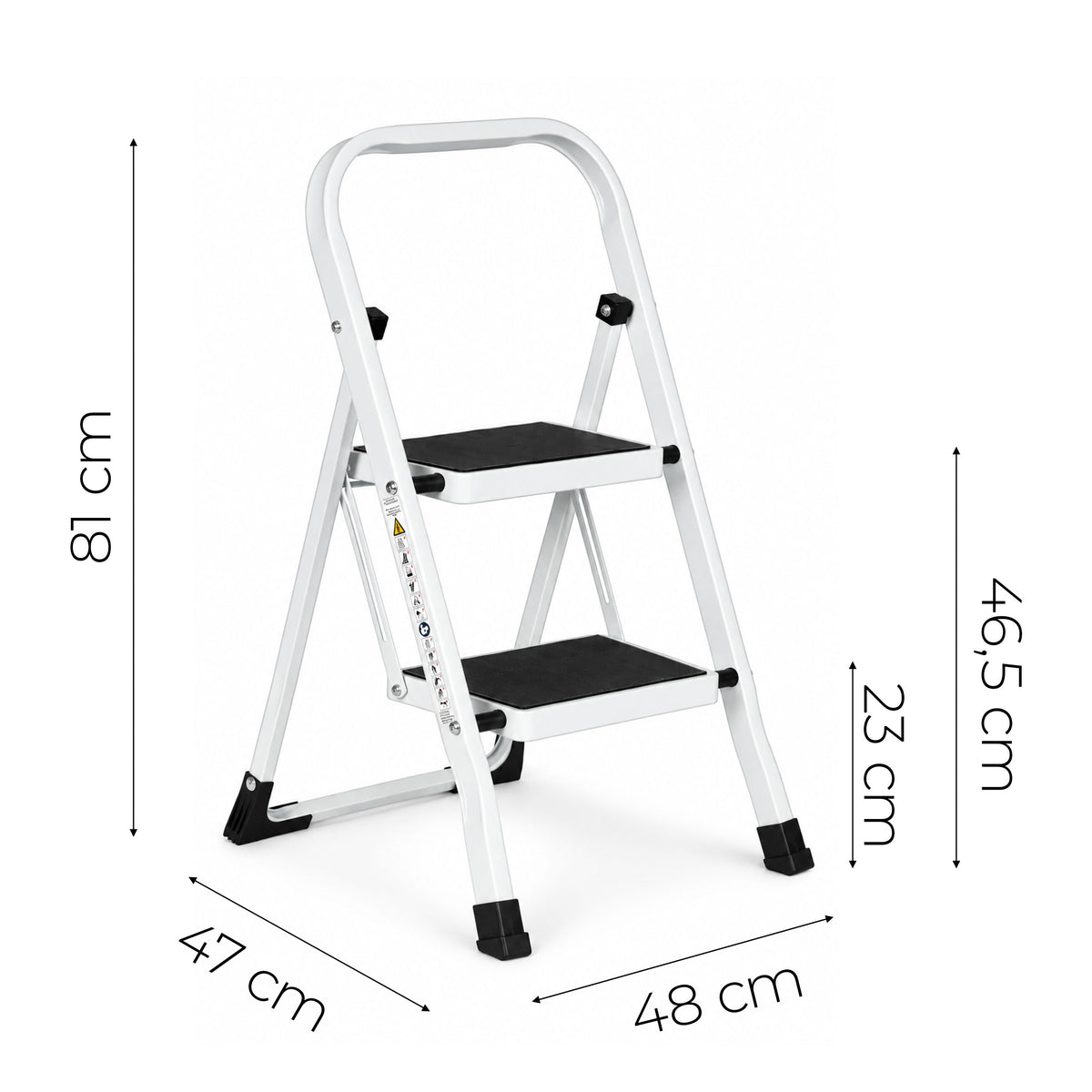 Klapptrittleiter aus Stahl, bis 150 kg – 2 Stufen / Weiß – Maße