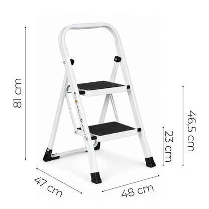 Klapptrittleiter aus Stahl, bis 150 kg – 2 Stufen / Weiß – Maße