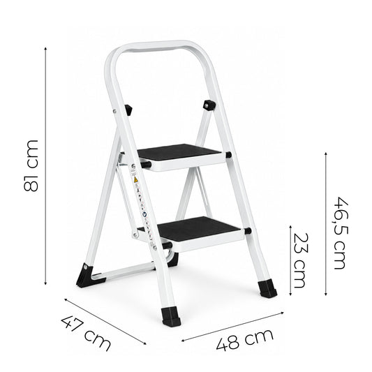 Klapptrittleiter aus Stahl, bis 150 kg – 2 Stufen / Weiß – Maße