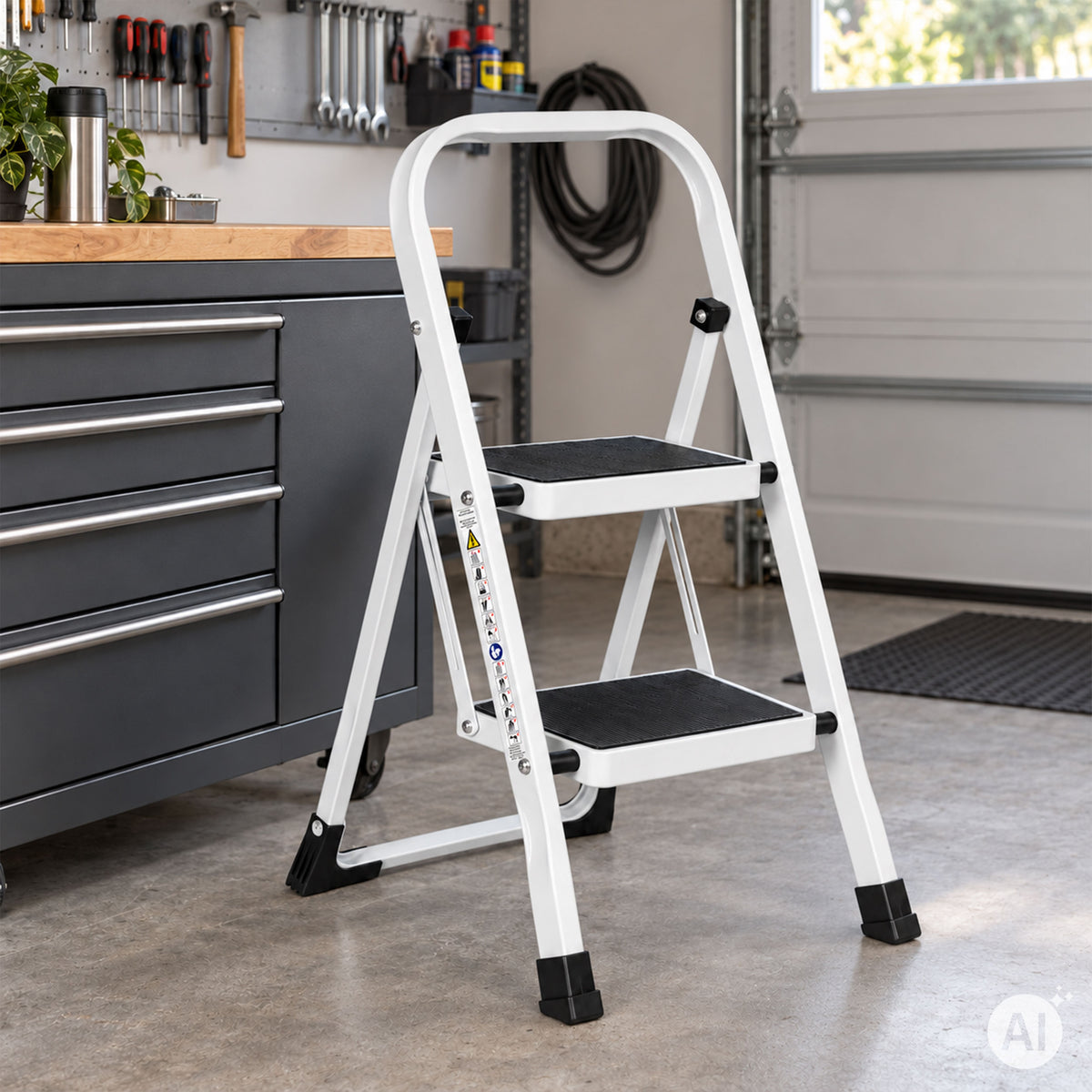 Klapptrittleiter aus Stahl, bis 150 kg – 2 Stufen / Weiß – Ansicht 4