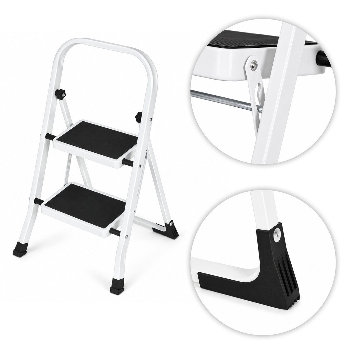 Klapptrittleiter aus Stahl, bis 150 kg – 2 Stufen / Weiß – Ansicht 5