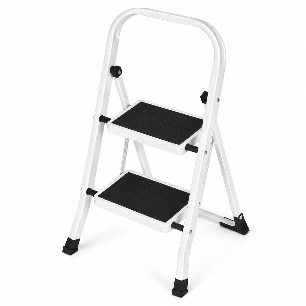 Klapptrittleiter aus Stahl, bis 150 kg – 2 Stufen / Weiß – Ansicht 6