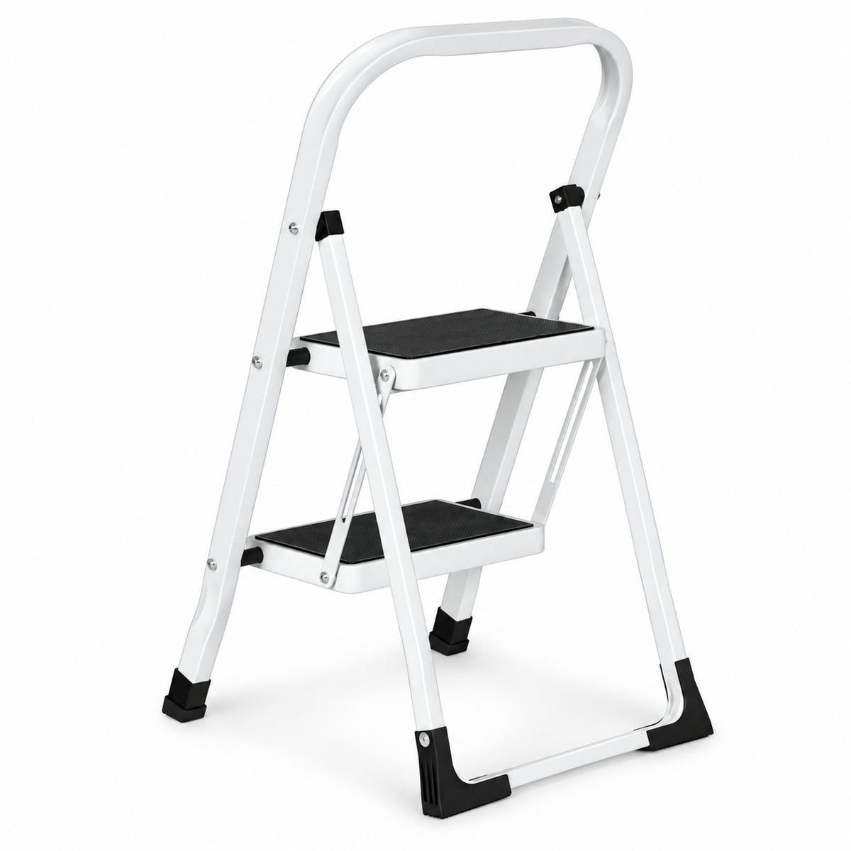 Klapptrittleiter aus Stahl, bis 150 kg – 2 Stufen / Weiß – Ansicht 8