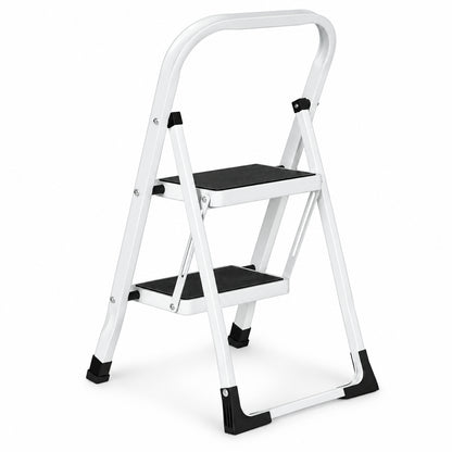 Klapptrittleiter aus Stahl, bis 150 kg – 2 Stufen / Weiß – Ansicht 8