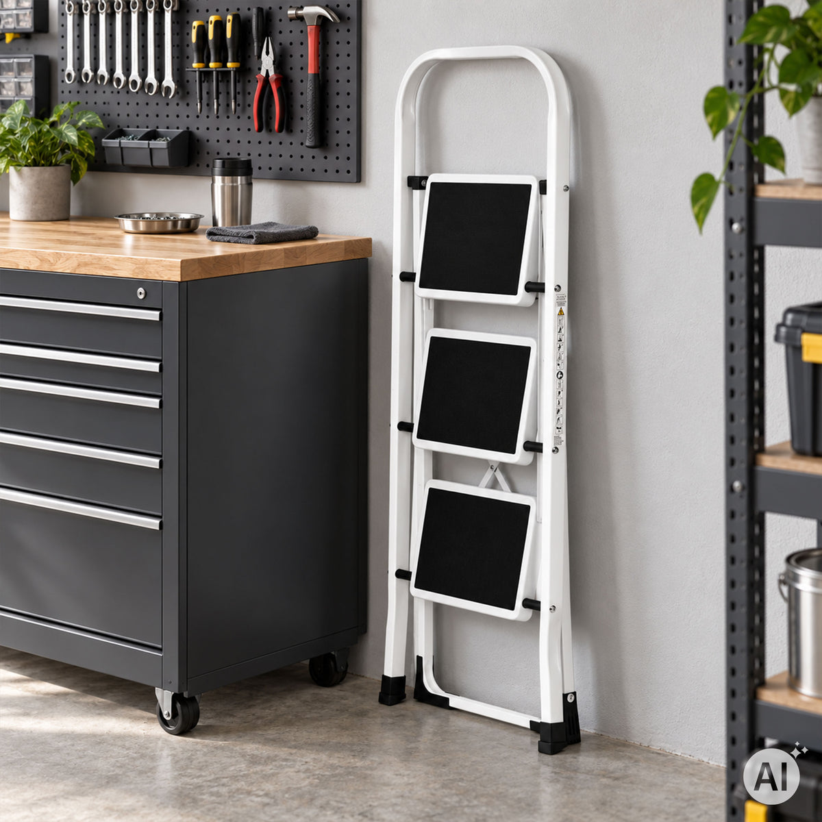 Klapptrittleiter aus Stahl, bis 150 kg – 3 Stufen / Weiß – Ansicht 4