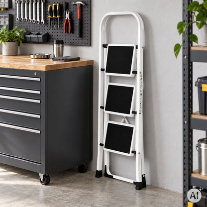 Klapptrittleiter aus Stahl, bis 150 kg – 3 Stufen / Weiß – Ansicht 4