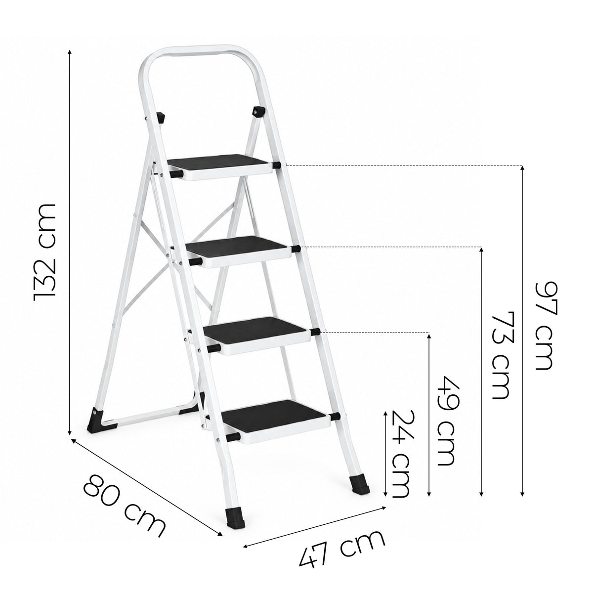 Klapptrittleiter aus Stahl, bis 150 kg – 4 Stufen / Weiß – Maße