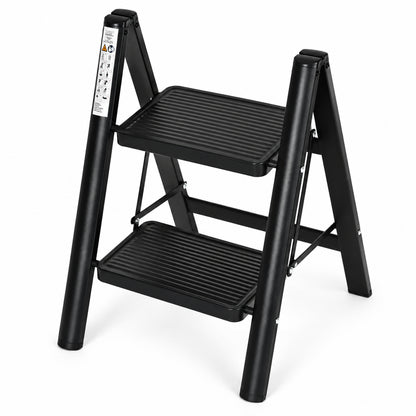 Klapptrittleiter aus Stahl, bis 150 kg – 2 Stufen / Schwarz – Ansicht 8