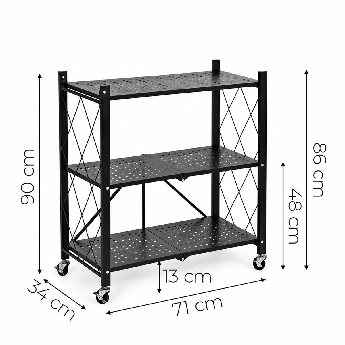 Maße: Klappregal aus Stahl auf Rollen, Schwarz – 3 Böden – 90 cm