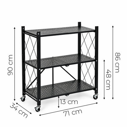 Maße: Klappregal aus Stahl auf Rollen, Schwarz – 3 Böden – 90 cm