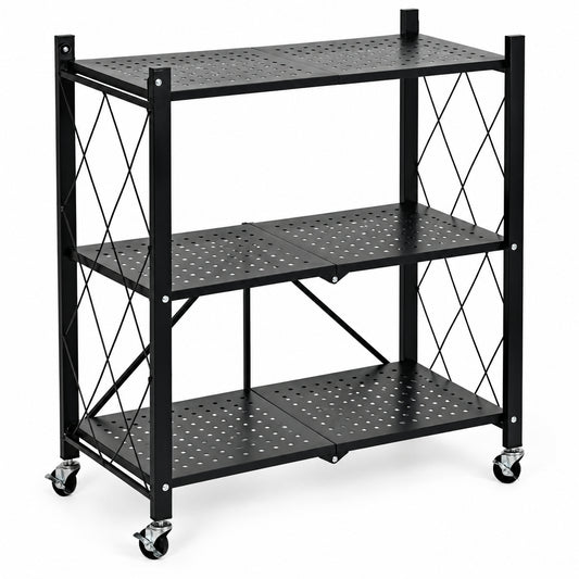 Klappregal aus Stahl auf Rollen, Schwarz – 3 Böden – 90 cm