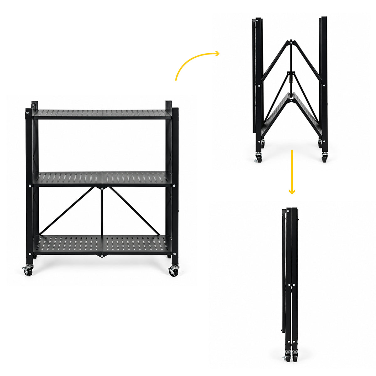 Klappregal aus Stahl auf Rollen, Schwarz – 3 Böden – 90 cm