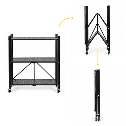 Klappregal aus Stahl auf Rollen, Schwarz – 3 Böden – 90 cm
