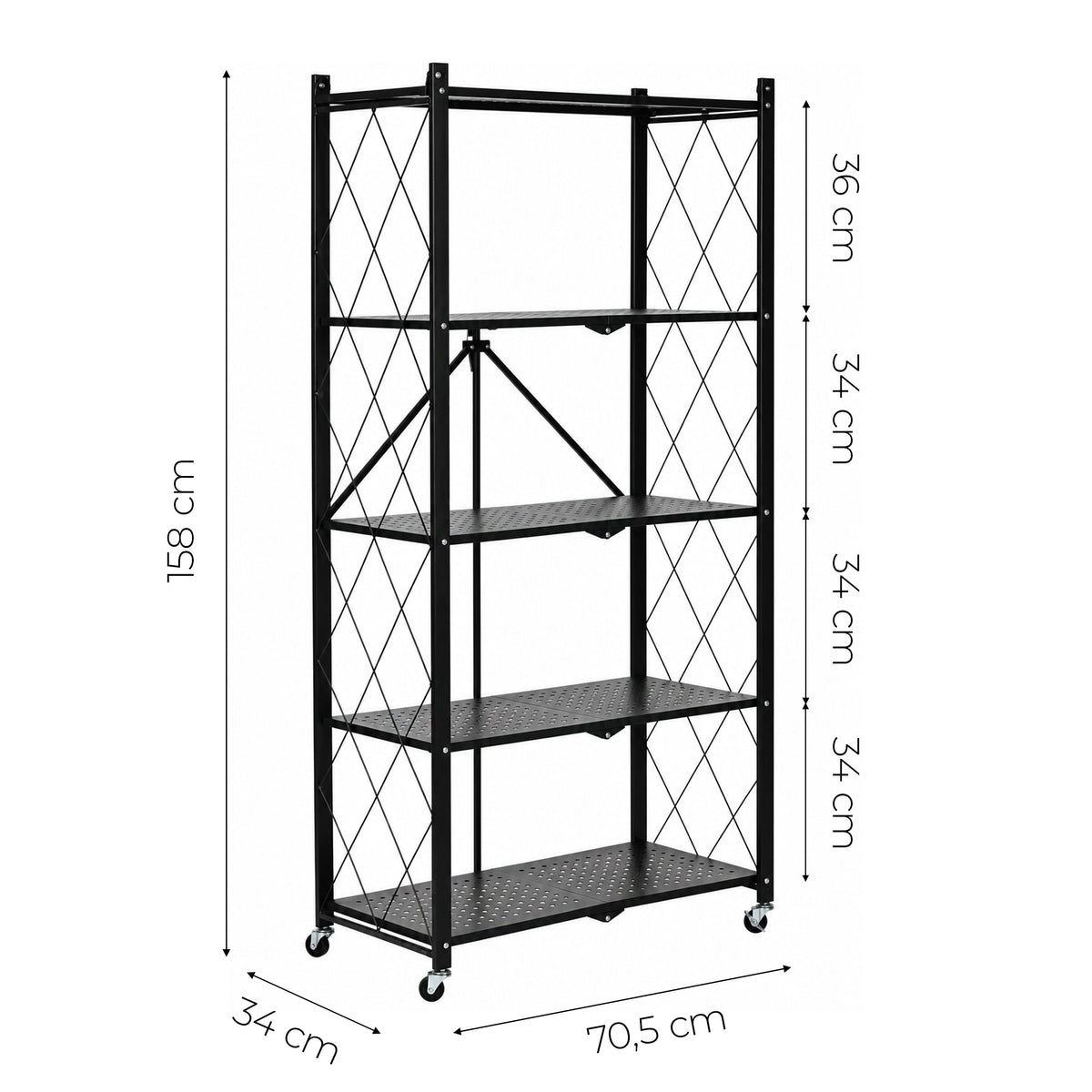 Maße: Klappregal aus Stahl auf Rollen, Schwarz – 5 Böden – 159 cm