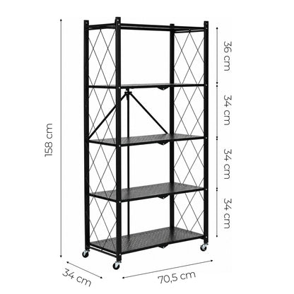 Maße: Klappregal aus Stahl auf Rollen, Schwarz – 5 Böden – 159 cm