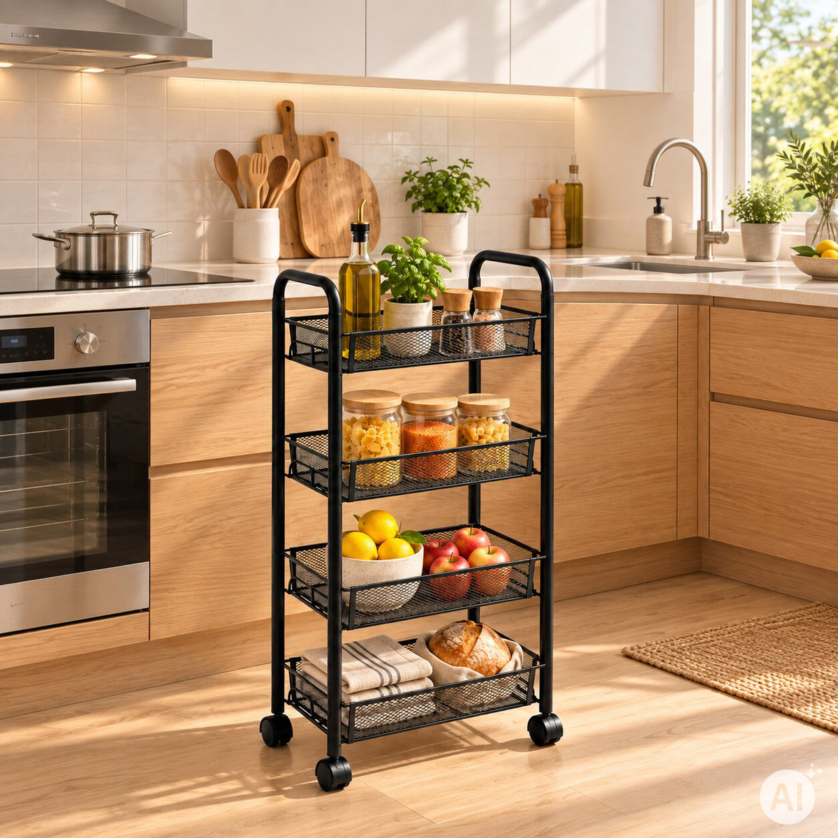 Rollwagen mit Ablagekörben und Haken, Schwarz – 4 Körbe – 84 cm