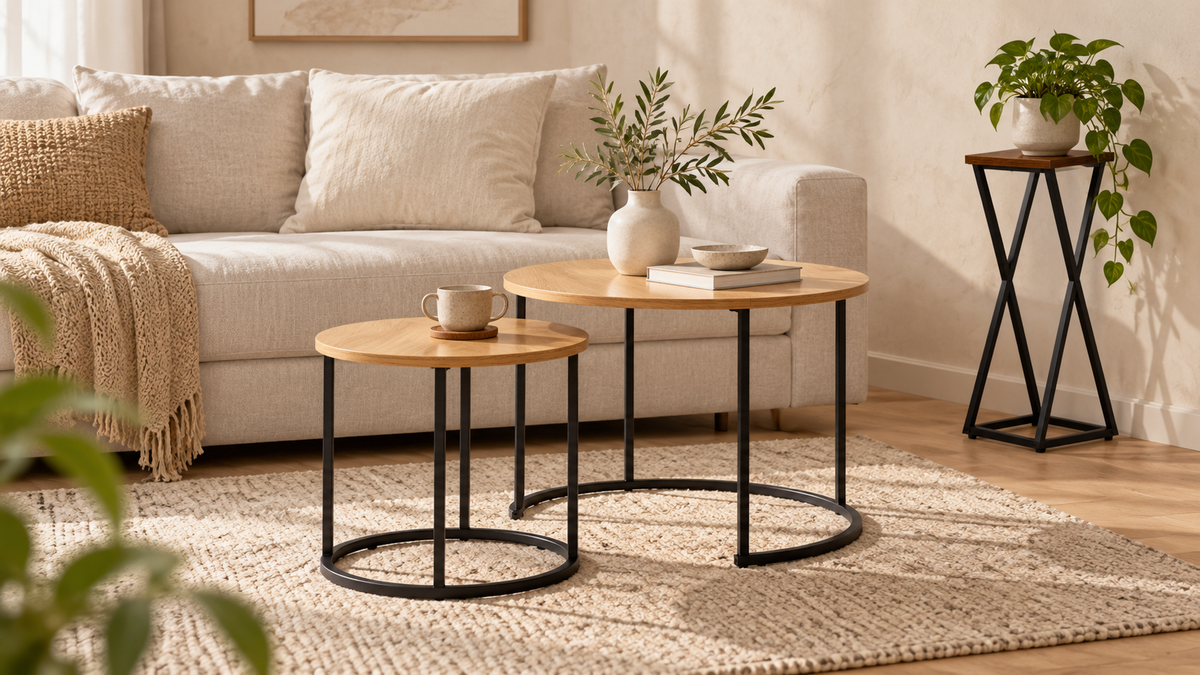 Wohninspiration mit Beistelltischen, Sofa und warmen Naturtönen